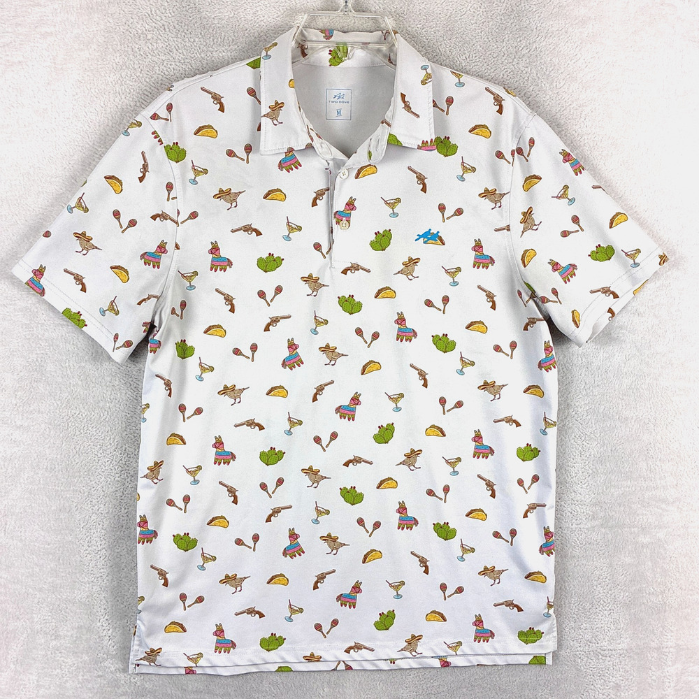 Two Dove Shirt Mens M White Fiesta Tacos Pinata AOP Polo Performance Stretch